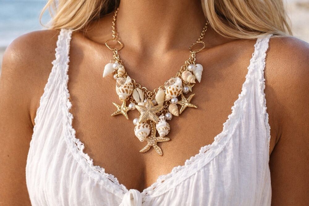 Seashell Necklace Starfish Pearl Zara Conch Mermaid Cruise Collar Gold Boho Ring